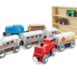 Sada dřevěných vláčků s poličkou