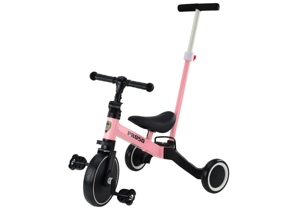 Dětská tříkolka a odrážedlo 2v1 PRO50 s vodící tyčí růžová