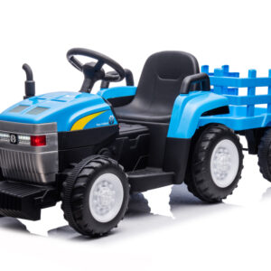 Dětský elektrický traktor New Holland s přívěsem modrý