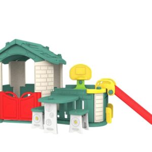 Dětský zahradní domeček 5v1 se skluzavkou a zelenou střechou