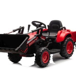 Dětský elektrický traktor s radlicí a přívěsem červený