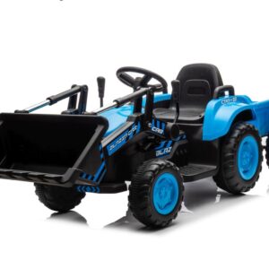 Dětský elektrický traktor s radlicí a přívěsem modrý
