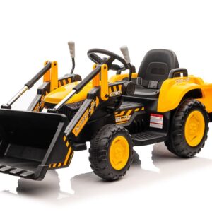 Dětský elektrický traktor s radlicí a přívěsem žlutý