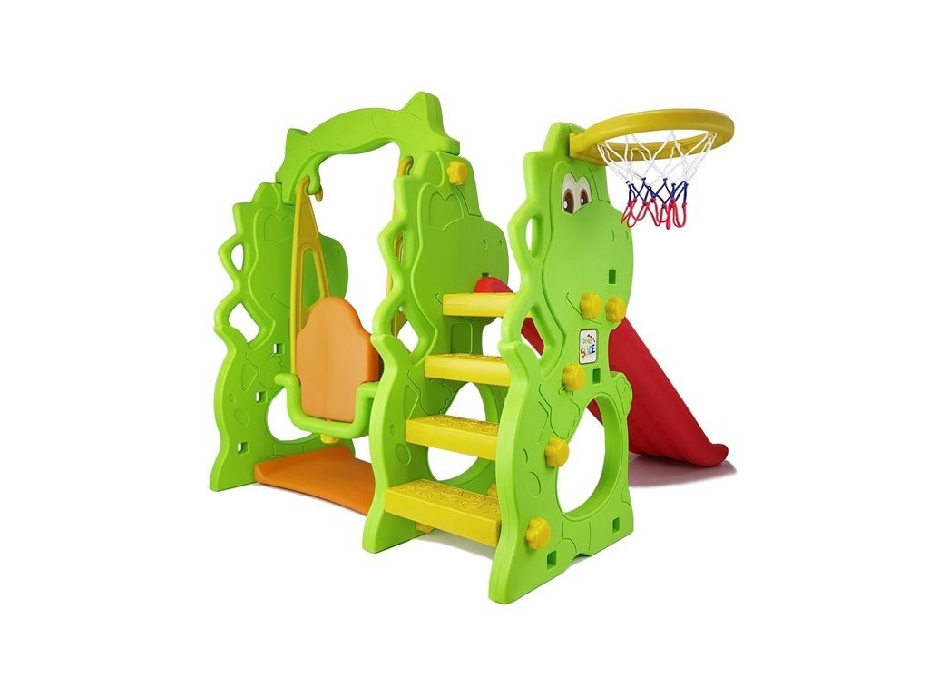 Dětská houpačka skluzavka basketbalový koš 3v1 dinosaurus - Obrázek 2