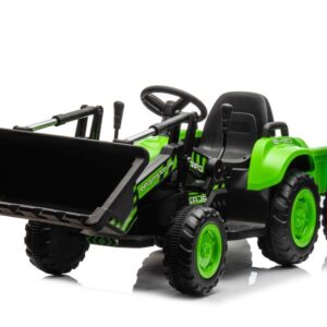 Dětský elektrický traktor s radlicí a přívěsem zelený